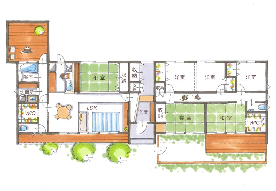 スキップフロアが楽しい焼き杉の平屋・間取り